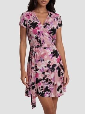 Floral Pink Wrap Mini Dress with Tie Waist